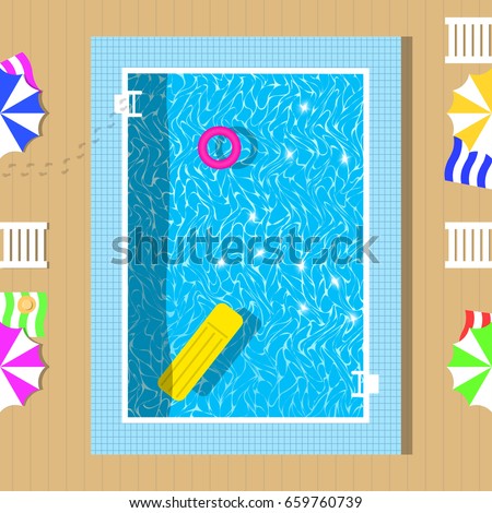 Swimming pool top view with reflection of clear water. Relaxation zone near pool. Vector illustration. Royalty-Free Stock Photo #659760739