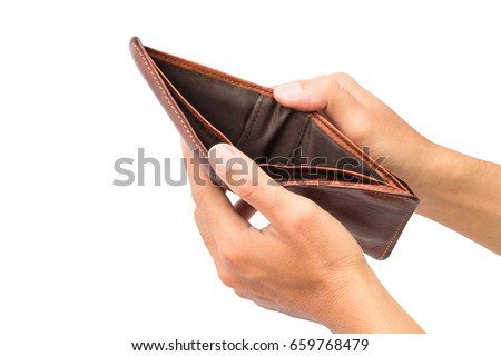 Man hand open an empty wallet isolated on white background with clipping path Royalty-Free Stock Photo #659768479