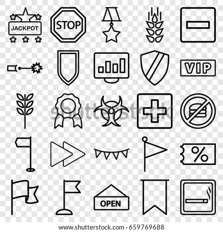 Banner icons set. set of 25 banner outline icons such as smoking area, vip, wheat, jackpot, flag, fast forward, party flag, stop, open plate, electric circuit, hazzard, shield