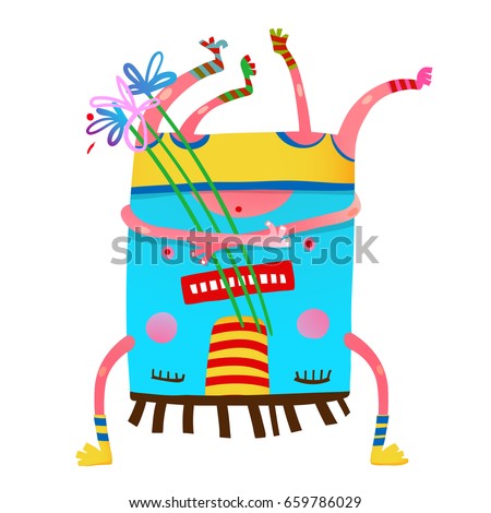 Monster creature upside down with flowers colorful design. Happy congratulating creature with bunch of flowers. Vector illustration.