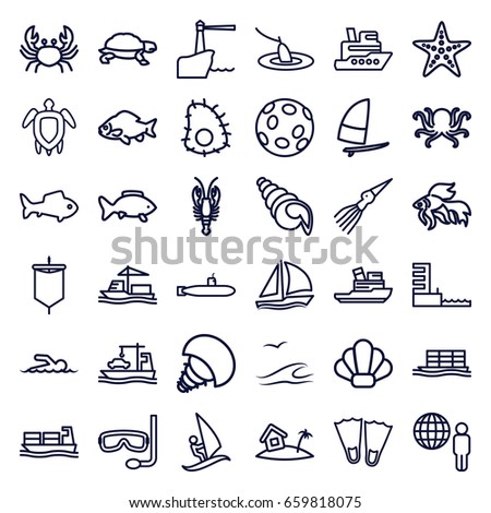 Ocean icons set. set of 36 ocean outline icons such as octopus, fish, crab, turtle, cargo ship, harbor, home on island, turtle  illsutration, starfish, swimmer, aqualung