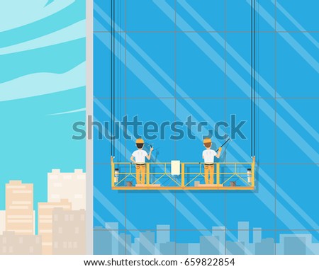 Workers wash windows in a skyscraper. Cleaning service. Vector illustration
