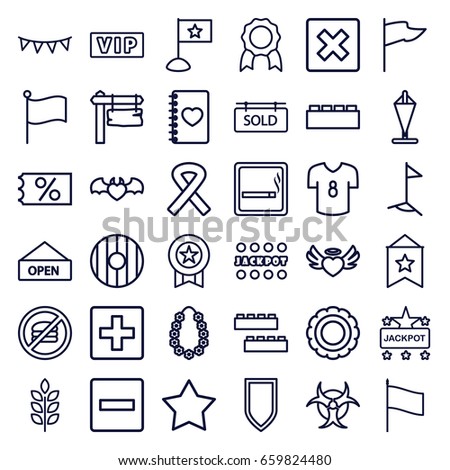 Banner icons set. set of 36 banner outline icons such as smoking area, vip, wheat, child building kit, star, jackpot, direction board, notebook with heart, heart angel wings