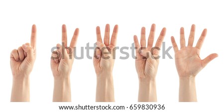 Beautiful female hand count from one to five gesture. Isolated on white background Royalty-Free Stock Photo #659830936