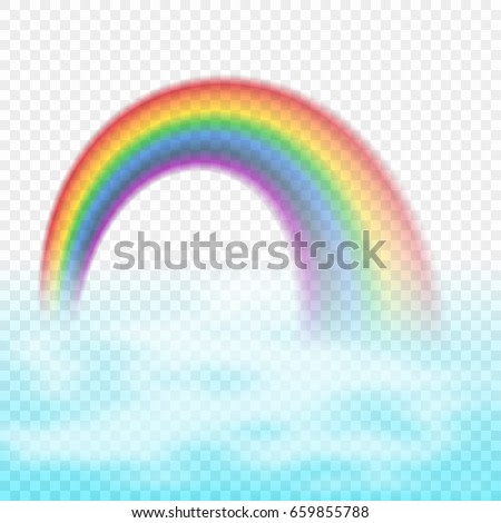 Bright arched rainbow with clouds realistic vector illustration on transparent background.