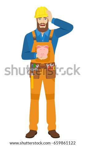 Worker with piggy bank grabbed his head. Full length portrait of worker character in a flat style. Vector illustration.