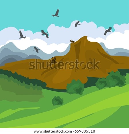 Summer landscape with meadows , mountains, forest, birds and ibexes. Vector illustration