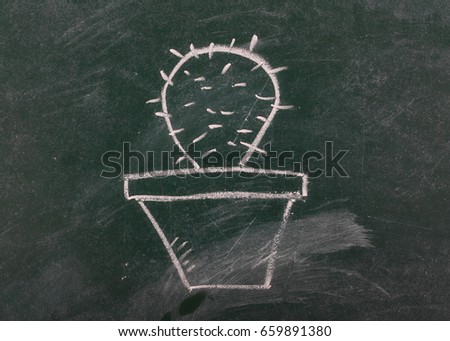 Cactus in pot on chalkboard, blackboard texture