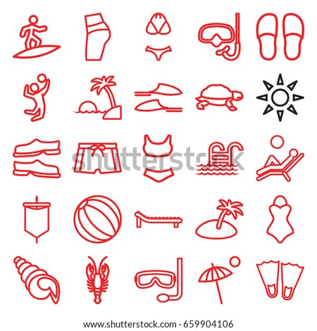 Beach icons set. set of 25 beach outline icons such as crab, turtle, slippers, sunbed, umbrella, pool ladder, man laying in the sun, island, man swim wear, swimsuit, aqualung