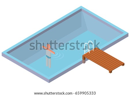 Isometric swimming pool with swimmer on white background. Home-made pool with clean water. Wooden mist with steps in water. Garden summer idyll. Pictogram 3d element. Isolated master vector.