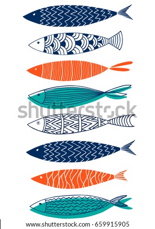 Pattern of fish in the style of doodle.Vector