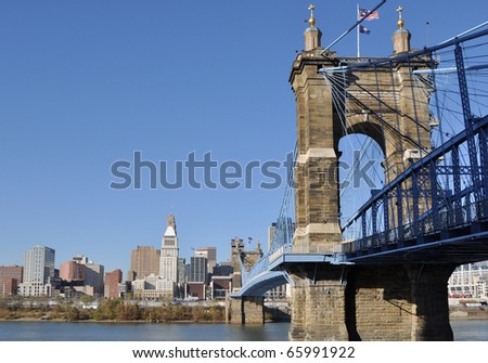 A view of the Cincinnati skyline with the Roebling Bridge in the foreground.