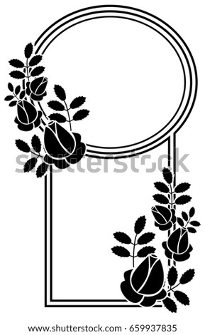 Black and white round frame with stylized roses silhouettes. Raster clip art.