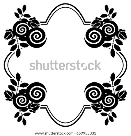 Black and white round frame with stylized roses silhouettes. Raster clip art.
