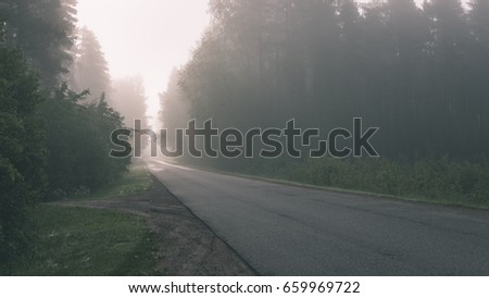 empty road in the countryside with forest in surrounding. perspective in summer with mist and green trees - vintage effect look