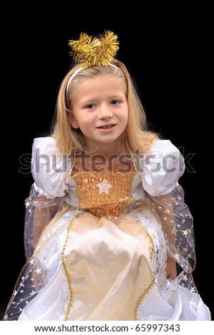 young girl as princess of angels on the black background