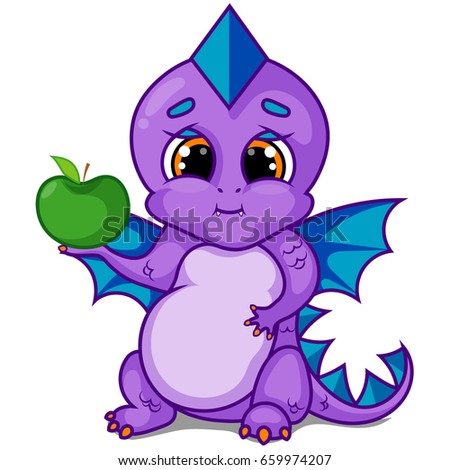 Purple Dragon Character with Green Apple Tree on White Background, Blue Wings, Cartoon Hand Drawn Vector Illustration EPS 10