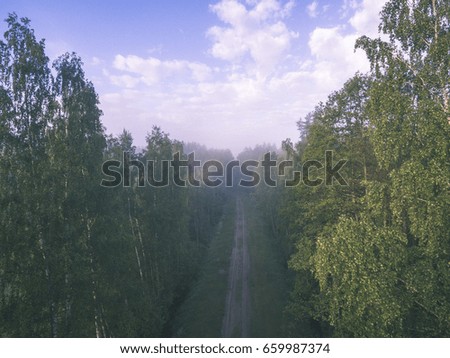 drone image. aerial view of morning mist over green forest in summer with sunrise and rays of light - vintage effect look