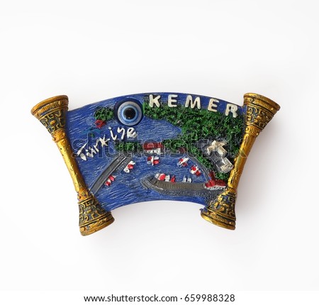 Magnetic souvenir from Kemer with the Turkish name of the country "Turkey" isolated on white background