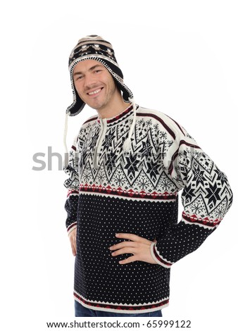Funny winter man in warm hat and clothes smiling. isolated on white background