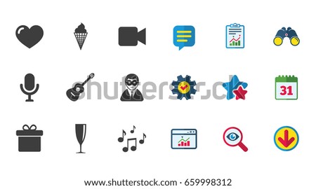 Party celebration, birthday icons. Carnival, guitar and champagne glass signs. Gift box, ice cream and love symbols. Calendar, Report and Download signs. Stars, Service and Search icons. Vector