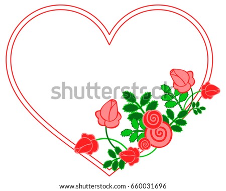 Color heart shaped frame with decorative red roses. Copy space. Vector clip art.
