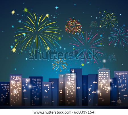City scene with fireworks at night illustration