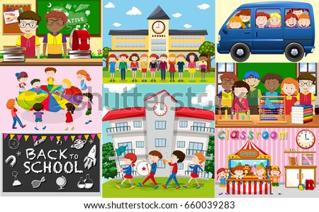 School scenes with students and classrooms illustration
