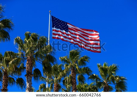 American flag flapping with blue sky and palm trees foreground 