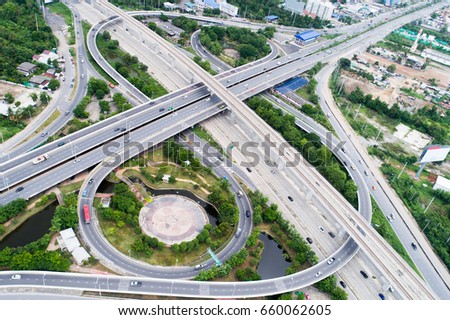 The curve of suspension bridge, Thailand. Aerial view. Top view. Background scenic road.Elevated expressway.