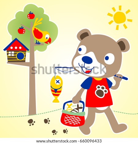 Cute bear carrying fishes with fishing tackle, little bird on tree, vector cartoon illustration