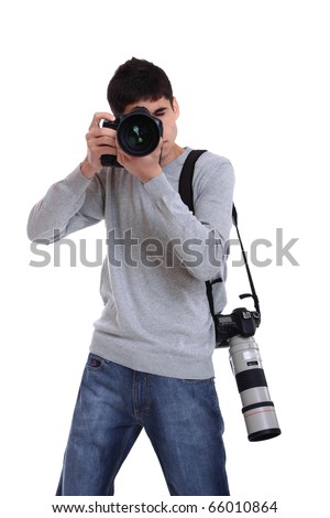 Portrait of male photographer with two professional cameras isolated on white background