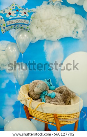 decor, Decoration, The photo zone, Children's holiday, Teddy bear, sky,Toys, Children's room  interior , White clouds
