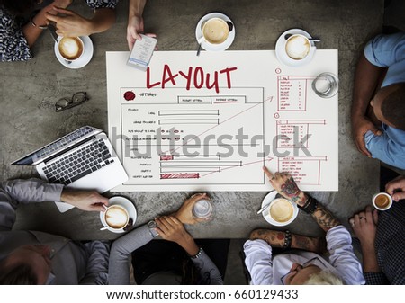 Workers working on banner network graphic overlay on desk