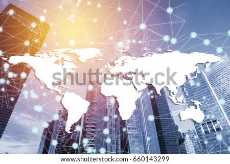 Double exposure global connection line and capital financial city. Elements of this image furnished by NASA