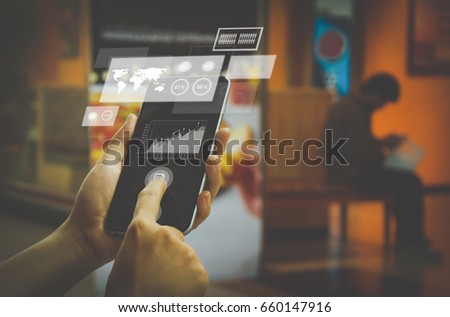 Man use smartphone. Hand touching icon on screen. Graphic diagram.