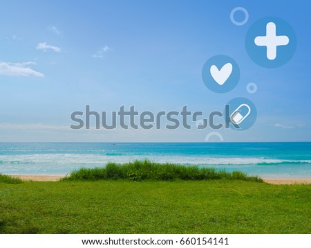 Lawn with beach and sea view, Icons on blue sky background in medical tourism concept