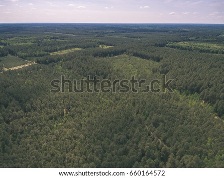 drone image. aerial view of rural area with blue lake and forest in sunny summer day - vintage look