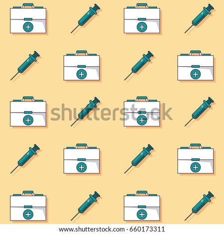 colorful background with pattern of first aid kit and syringes animated