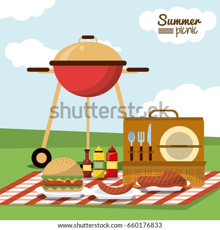 colorful poster of summer picnic with field landscape and picnic basket in tablecloth with charcoal grill and sausage and sauces and burger
