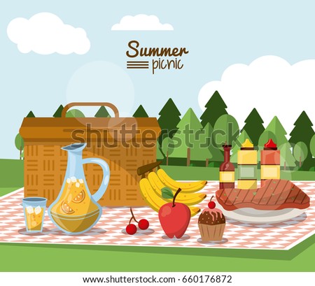 colorful poster of summer picnic with outdoor landscape and picnic basket in tablecloth with juice jar and fruits and sauces and meat