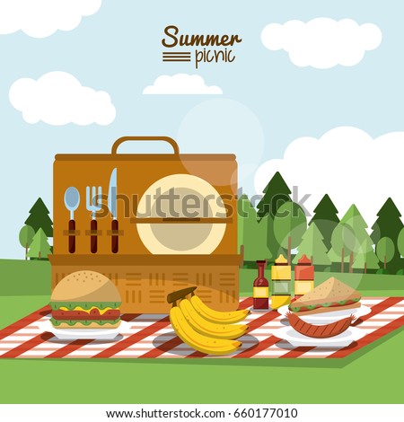 colorful poster of summer picnic with outdoor landscape and picnic basket in tablecloth with meal