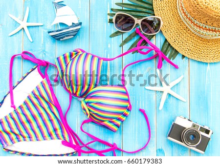 Summer Fashion woman swimsuit Bikini. Tropical sea.Unusual top view.Vacation concept