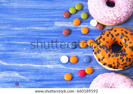Donuts of colors and flavors with caramels