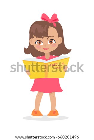 Girl reading girls diary book isolated on white. Adorable little child has leisure time. School girl during break. Young lady at playground, playing, walking, writing secrets. Daily activity.