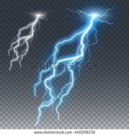 Lightning and thunder bolt or electric, glow and sparkle effect, vector art isolated on transparent background. Royalty-Free Stock Photo #660208258