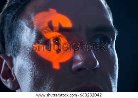 greedy man with dollar sign in eyes as symbol for greed and might