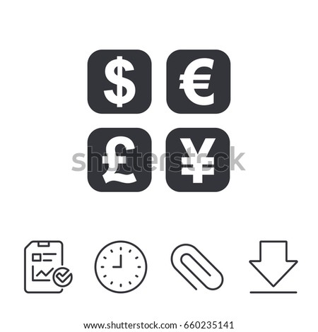 Currency exchange sign icon. Currency converter symbol. Money label. Report, Time and Download line signs. Paper Clip linear icon. Vector