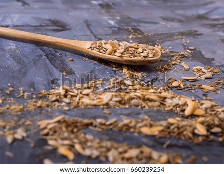healthy seeds and spices on the table, texture background