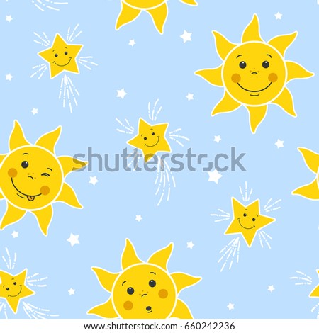 seamless pattern with funny suns and stars on a blue sky background